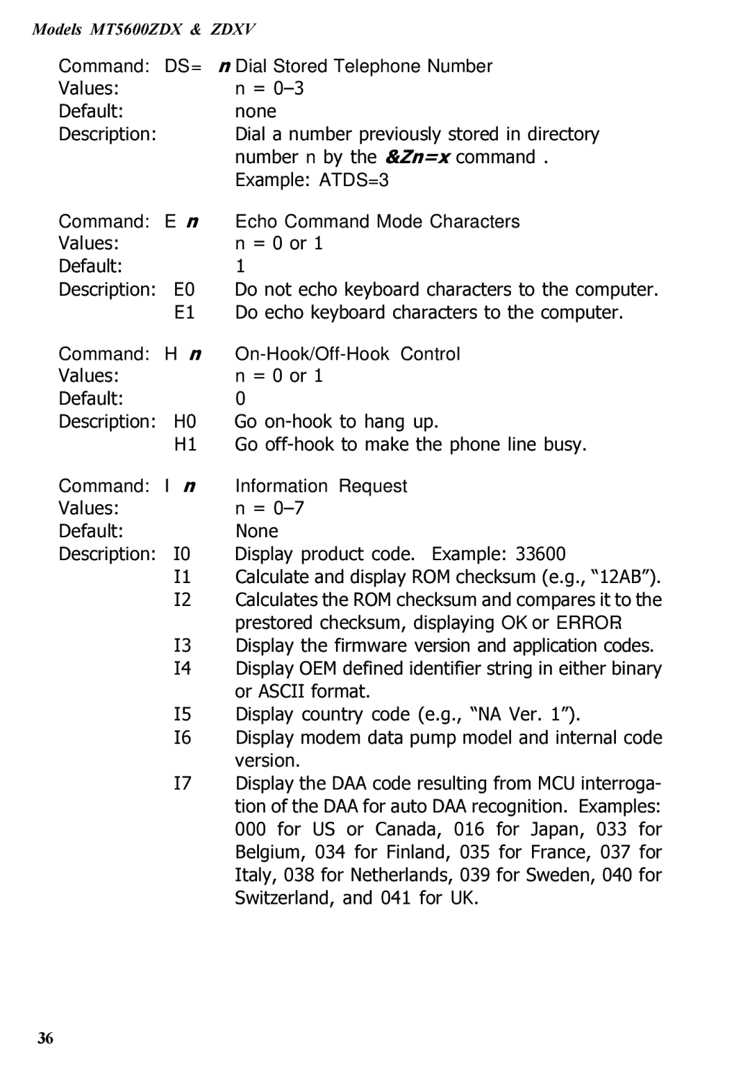 Multitech MT5600ZDXV manual Command DS=n Dial Stored Telephone Number, Command En Echo Command Mode Characters 