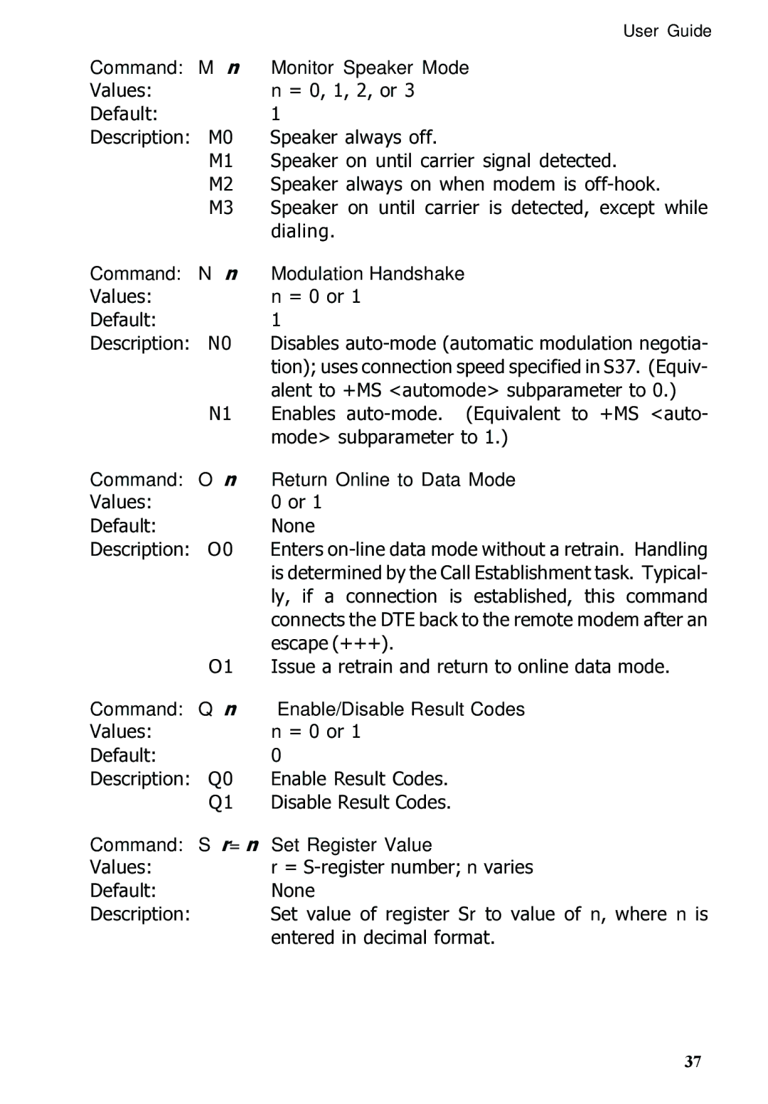 Multitech MT5600ZDX Command Mn Monitor Speaker Mode, Command Nn Modulation Handshake, Command Sr=n Set Register Value 