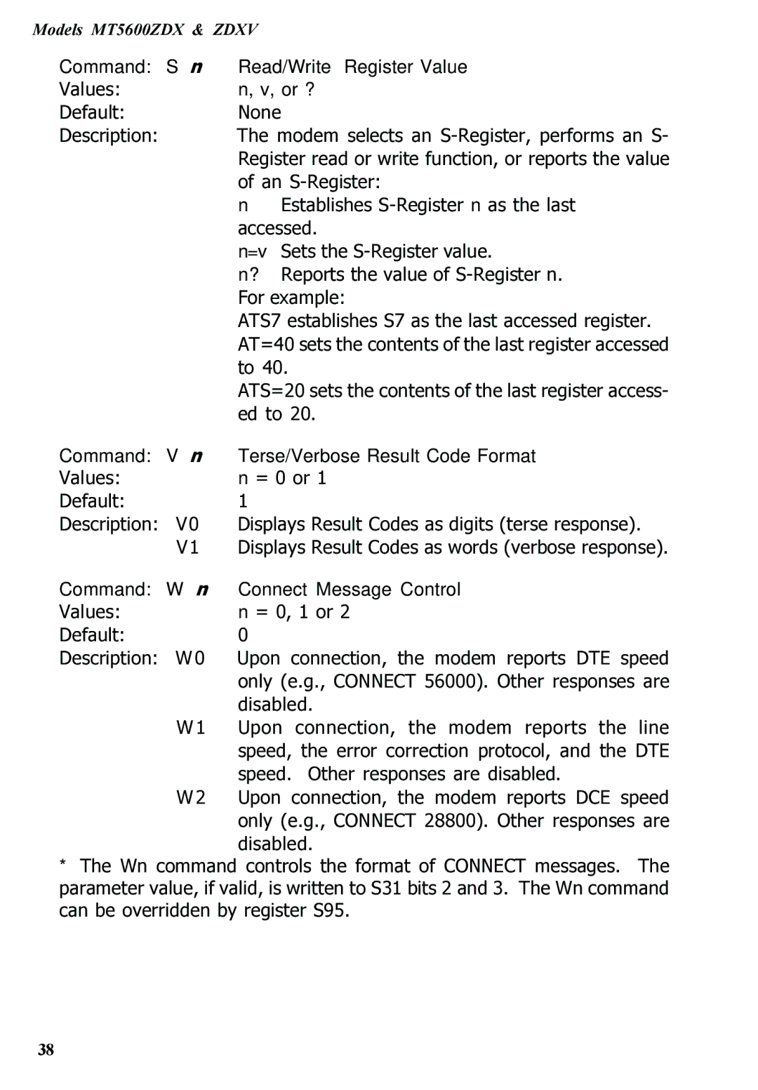 Multitech MT5600ZDXV manual Command Sn Read/Write Register Value, Command Vn Terse/Verbose Result Code Format 