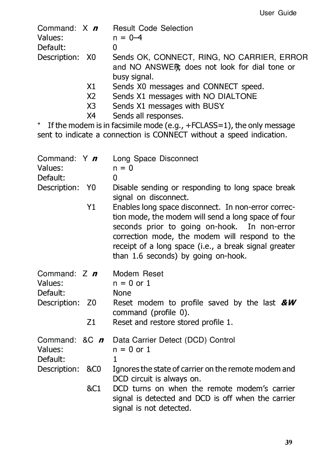 Multitech MT5600ZDXV manual Command Xn Result Code Selection, Command Yn Long Space Disconnect, Command Zn Modem Reset 