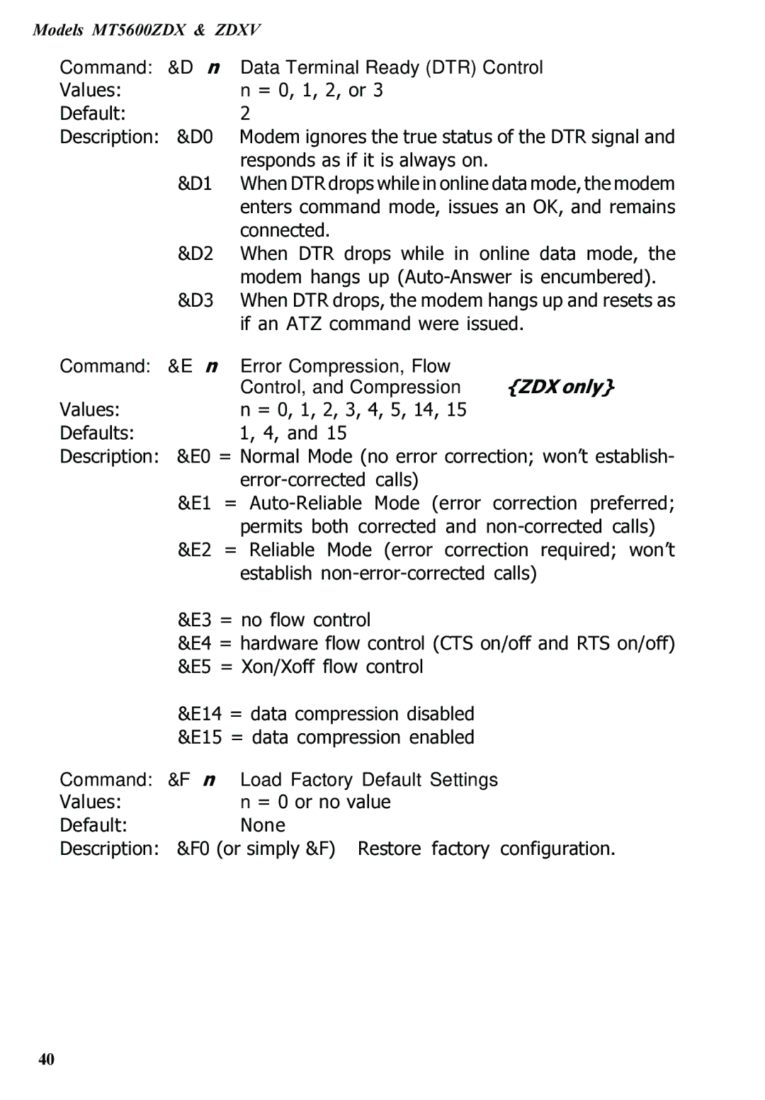 Multitech MT5600ZDXV manual Command &Dn Data Terminal Ready DTR Control, Command &Fn Load Factory Default Settings 