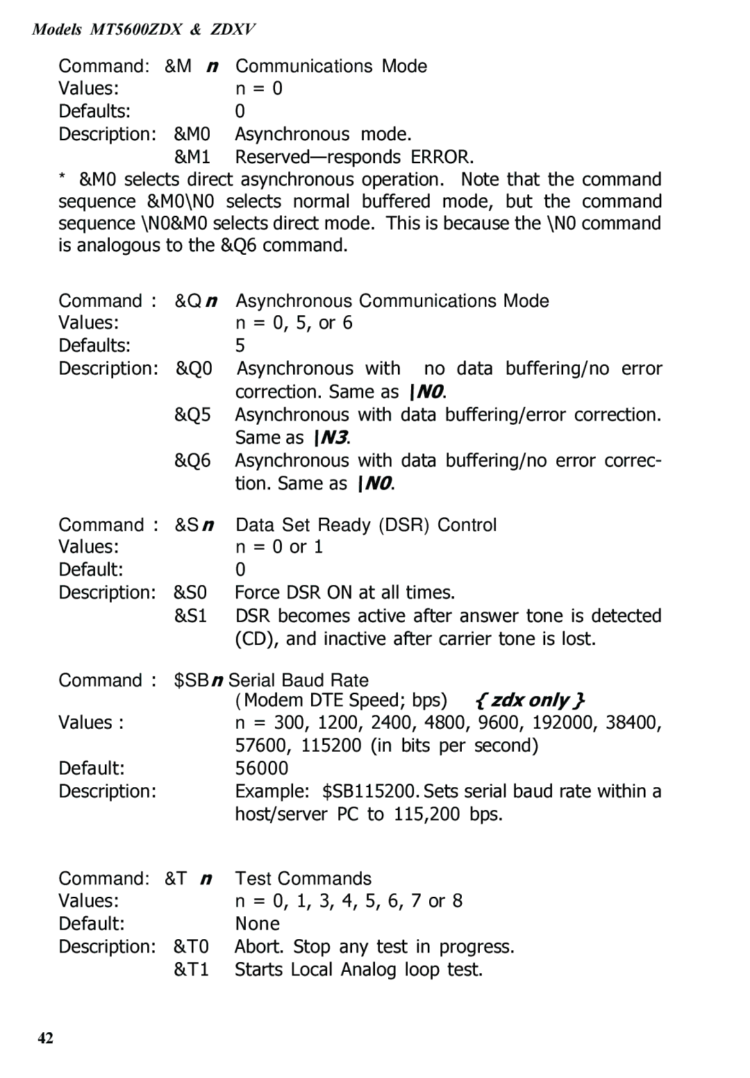 Multitech MT5600ZDXV manual Command &Mn Communications Mode, Command Asynchronous Communications Mode, Zdx only 