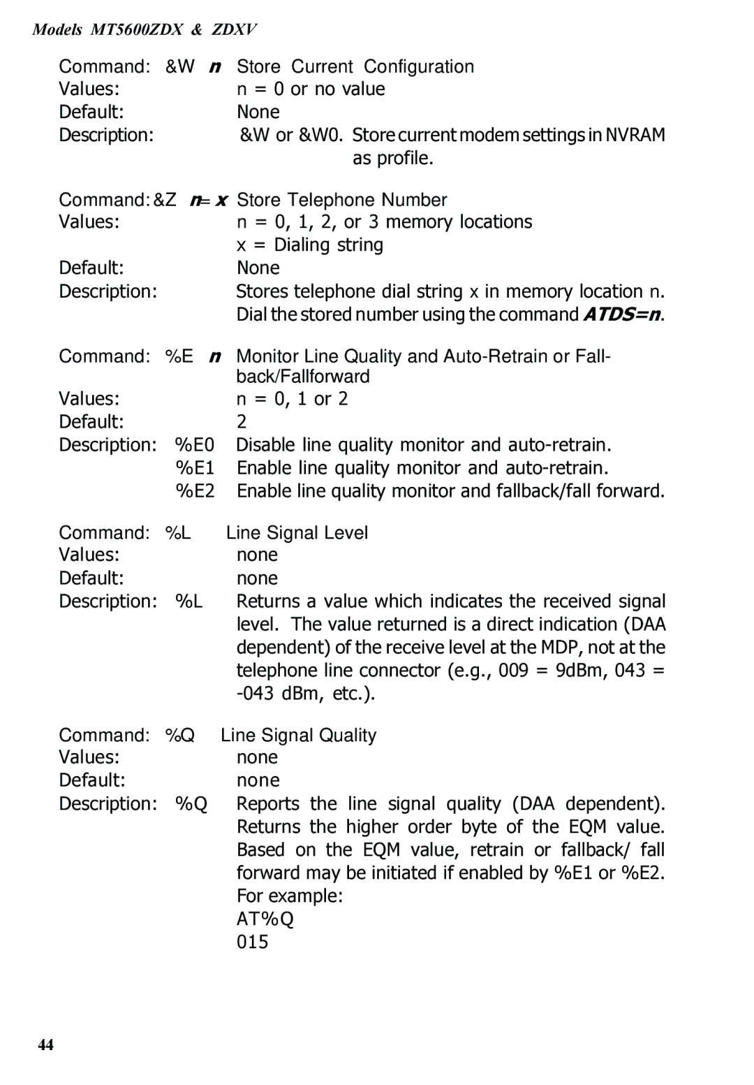 Multitech MT5600ZDXV manual Command &Wn Store Current Configuration, Command &Zn=x Store Telephone Number 