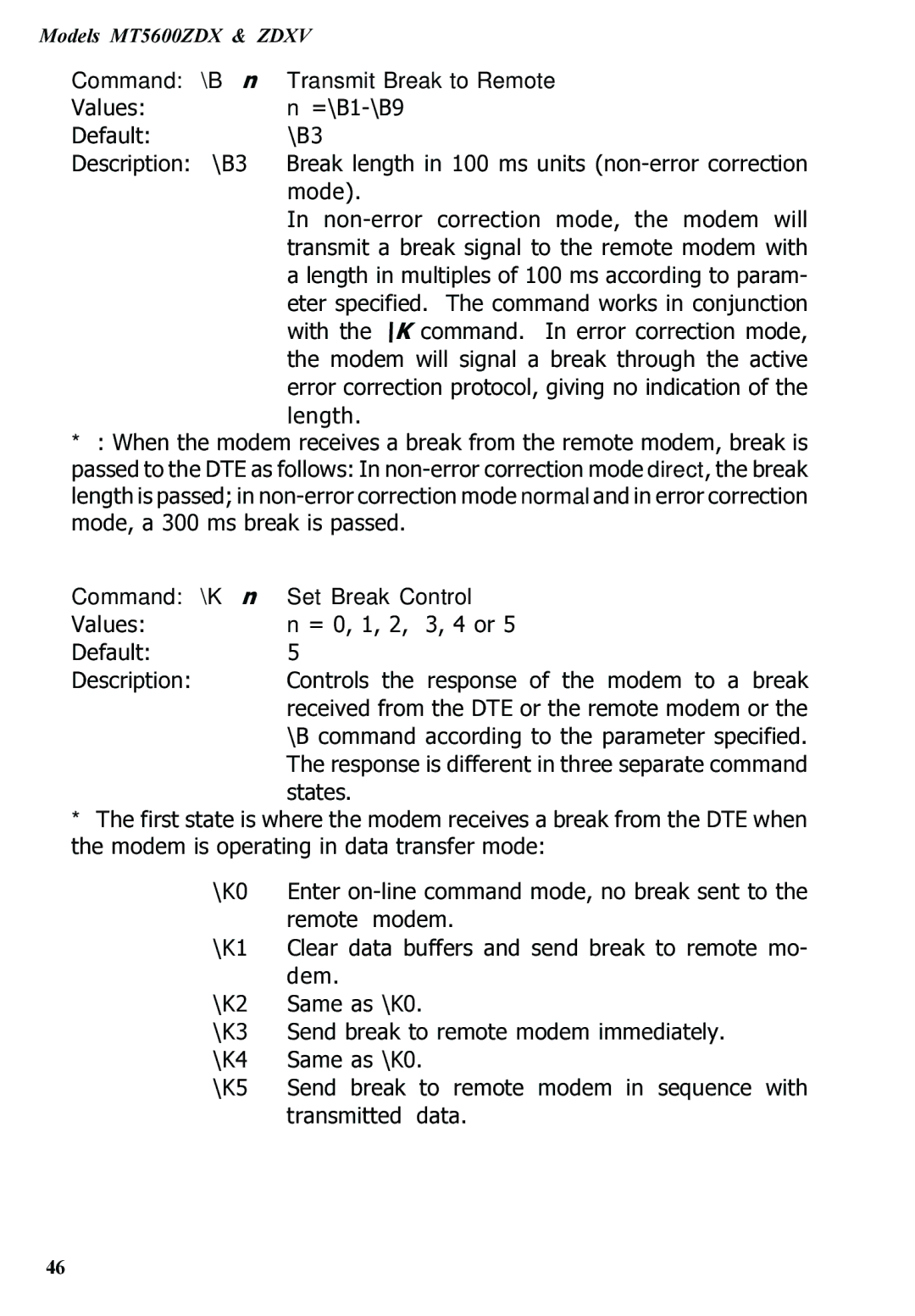 Multitech MT5600ZDXV manual Command \Bn Transmit Break to Remote, Command \Kn Set Break Control 
