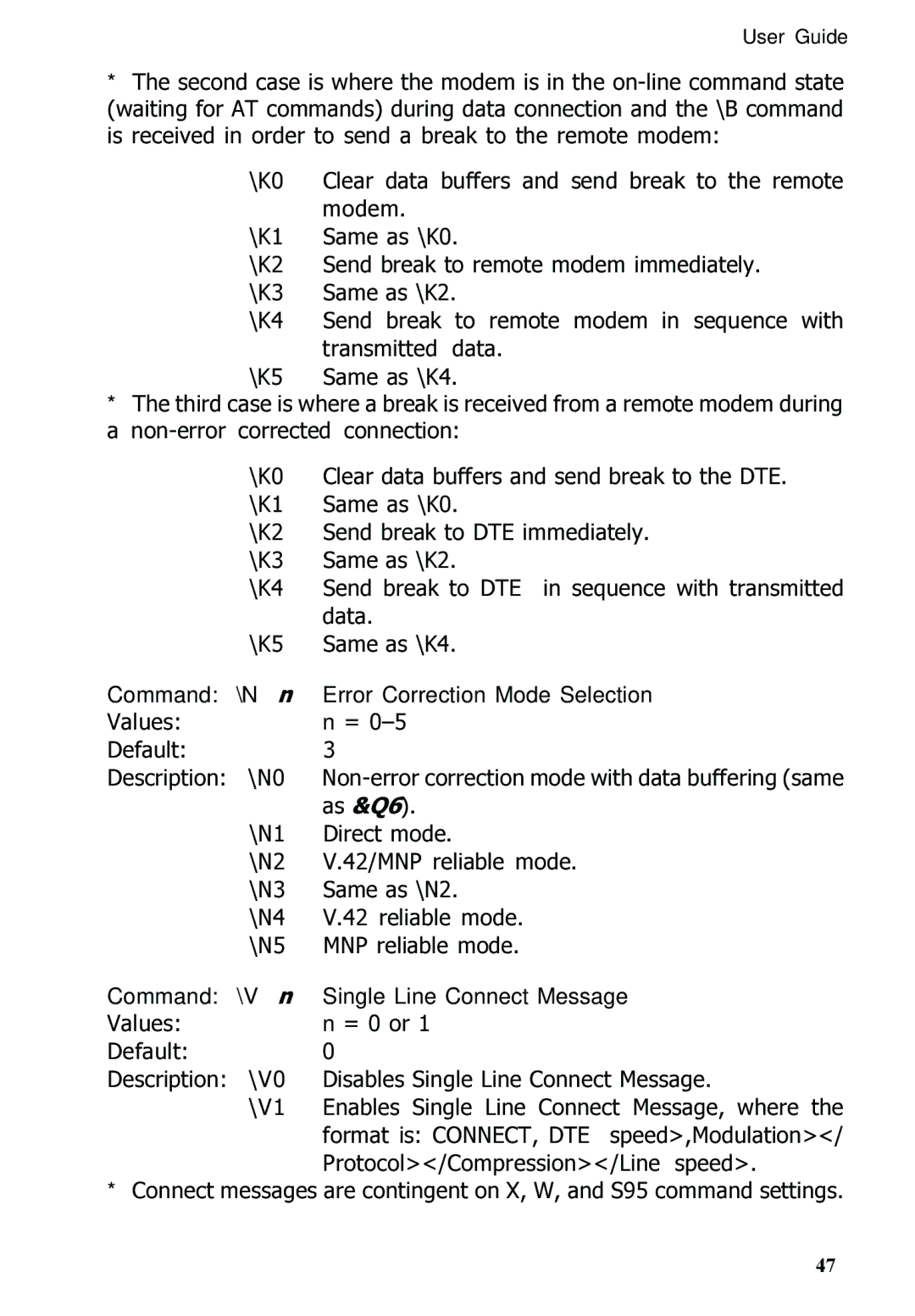 Multitech MT5600ZDXV manual Command \Nn Error Correction Mode Selection, Command \Vn Single Line Connect Message 