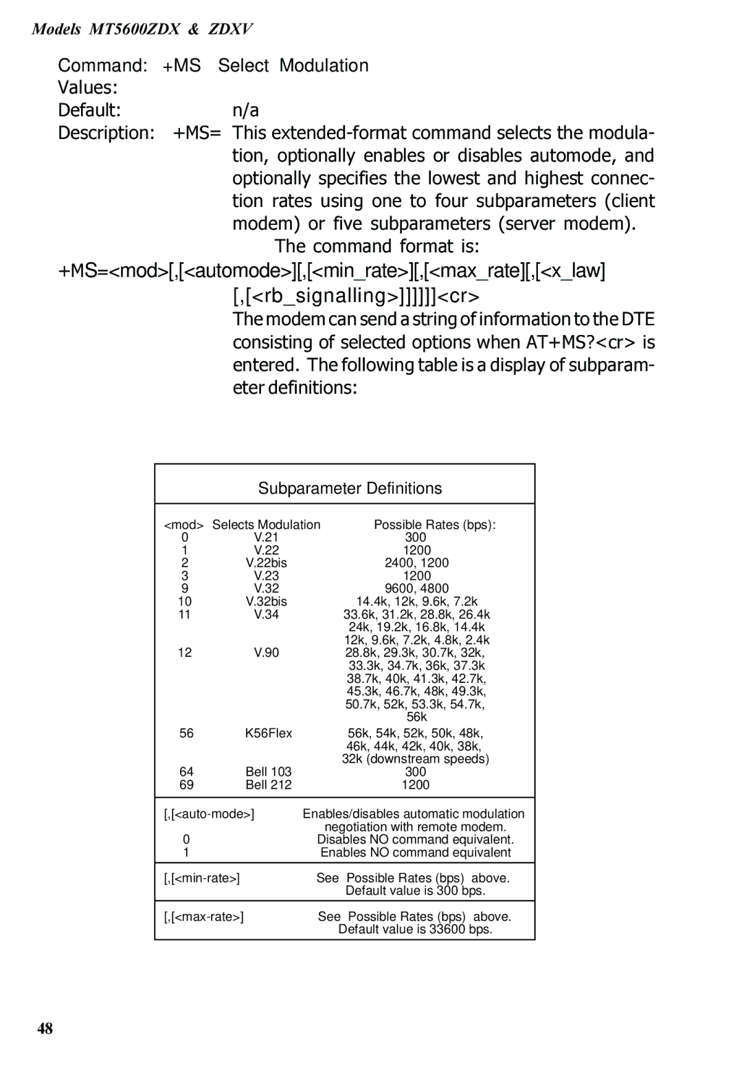 Multitech MT5600ZDXV manual +MS=mod,automode,minrate,maxrate,xlaw ,rbsignallingcr, Command +MS Select Modulation 