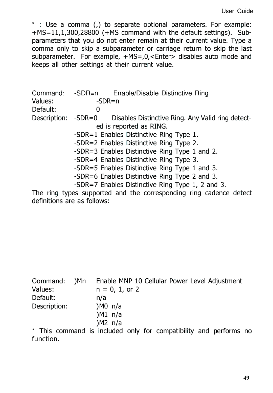 Multitech MT5600ZDXV manual Command SDR=n Enable/Disable Distinctive Ring, Command Mn 