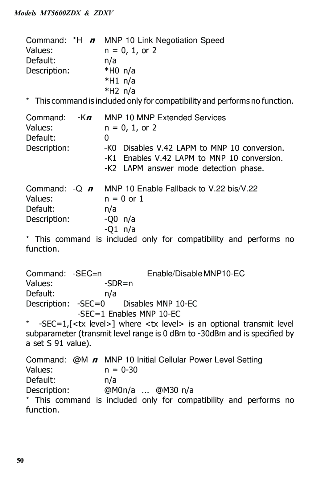 Multitech MT5600ZDXV manual Command *Hn MNP 10 Link Negotiation Speed, Command -Kn MNP 10 MNP Extended Services 