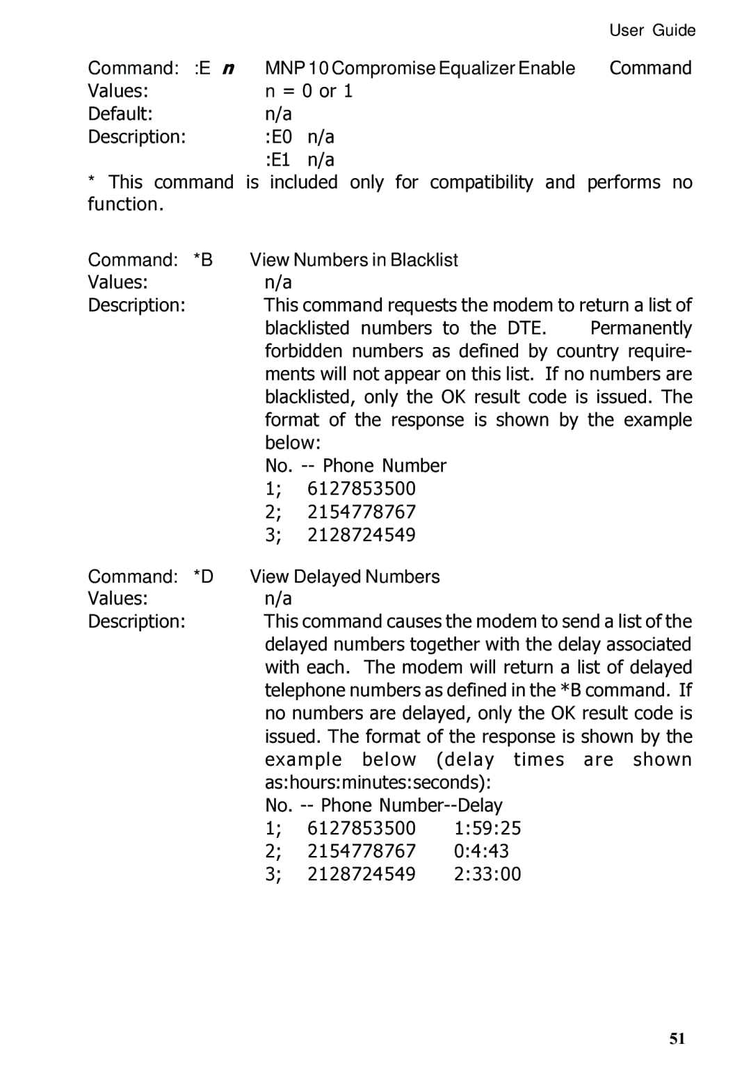 Multitech MT5600ZDX manual Command En MNP 10 Compromise Equalizer Enable Command, Command *B View Numbers in Blacklist 