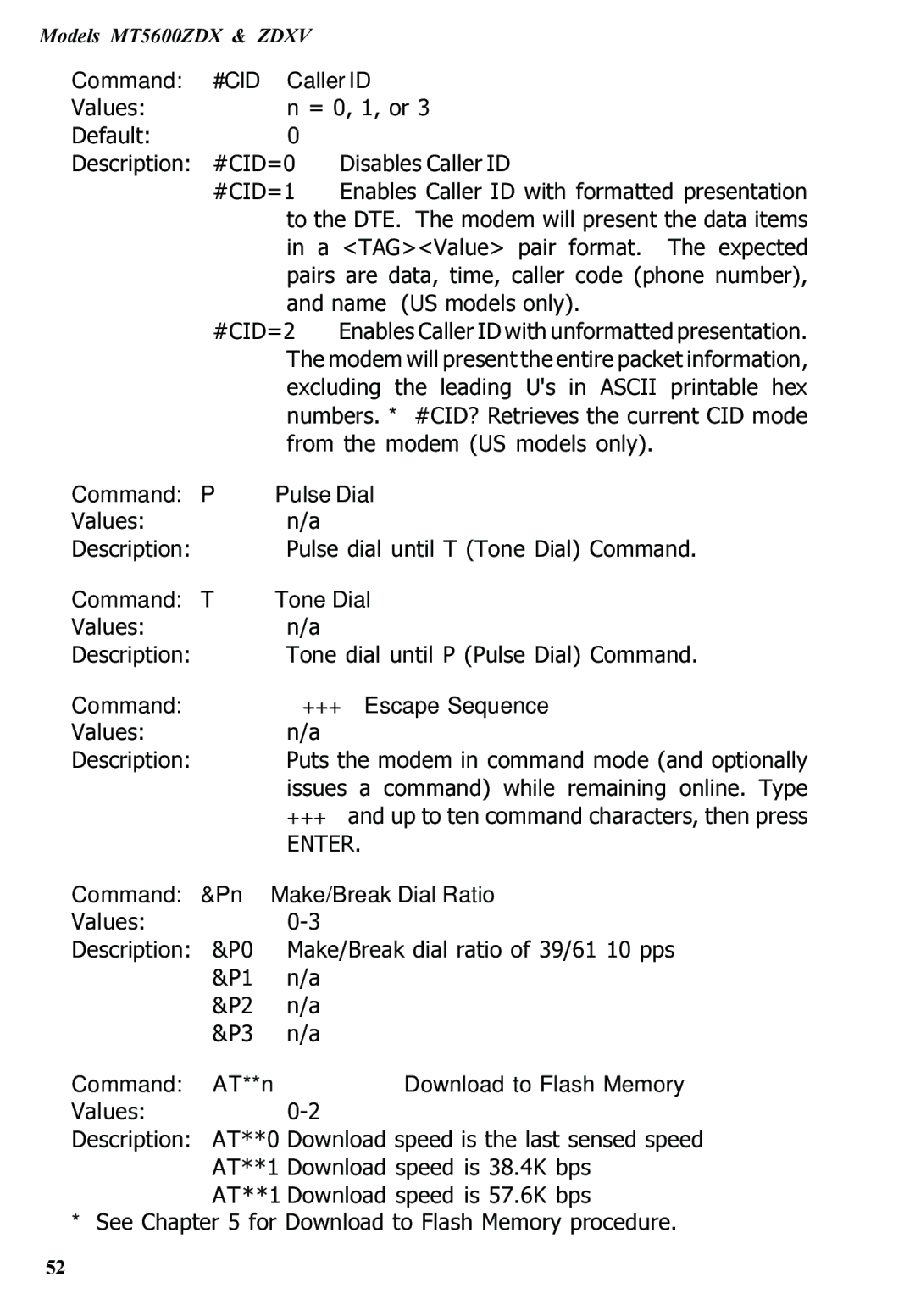 Multitech MT5600ZDXV manual Command #CID Caller ID, Command P Pulse Dial, Command T Tone Dial, Command +++ Escape Sequence 