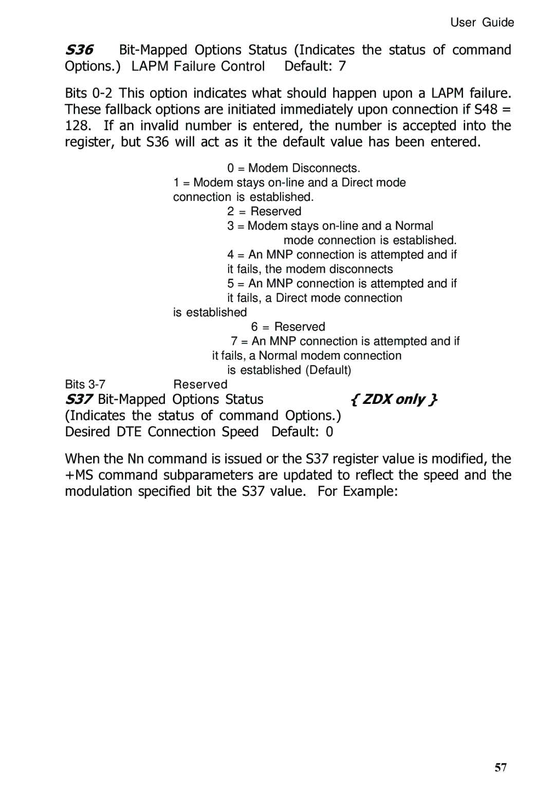 Multitech MT5600ZDXV manual S37 Bit-Mapped Options Status 