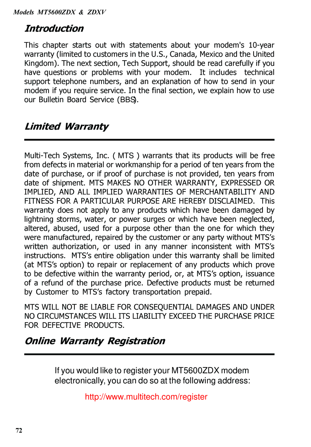 Multitech MT5600ZDXV manual Limited Warranty, Online Warranty Registration 