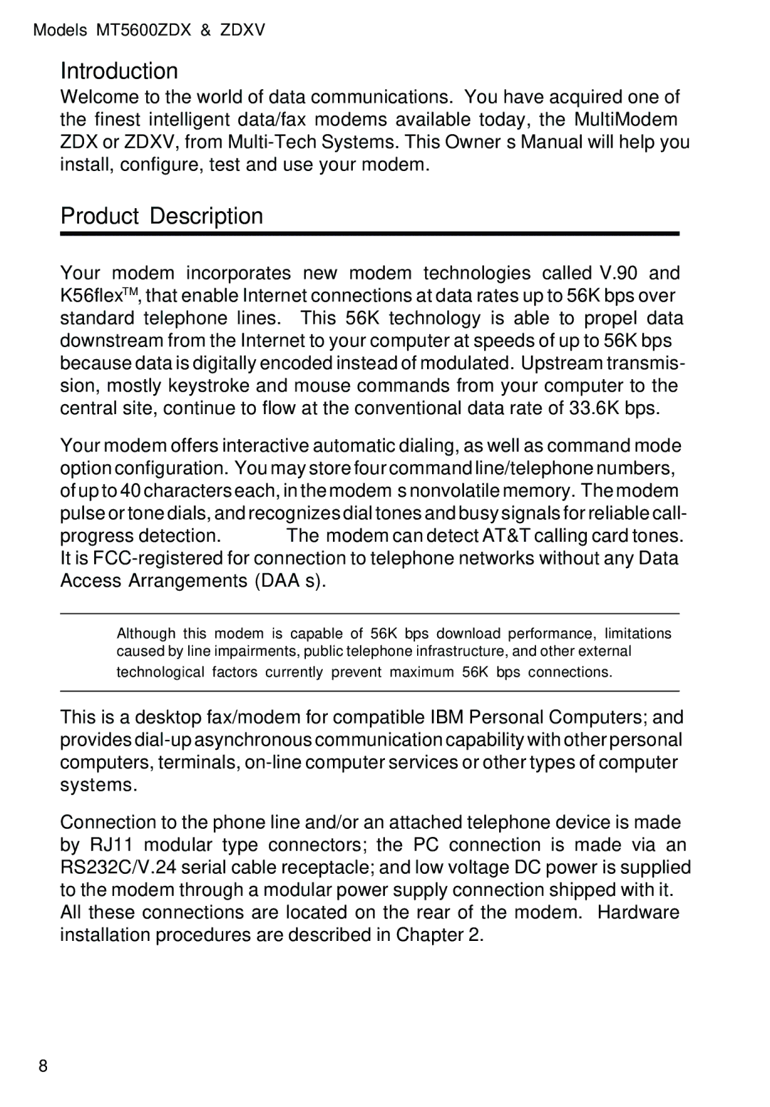 Multitech MT5600ZDXV manual Introduction Product Description 