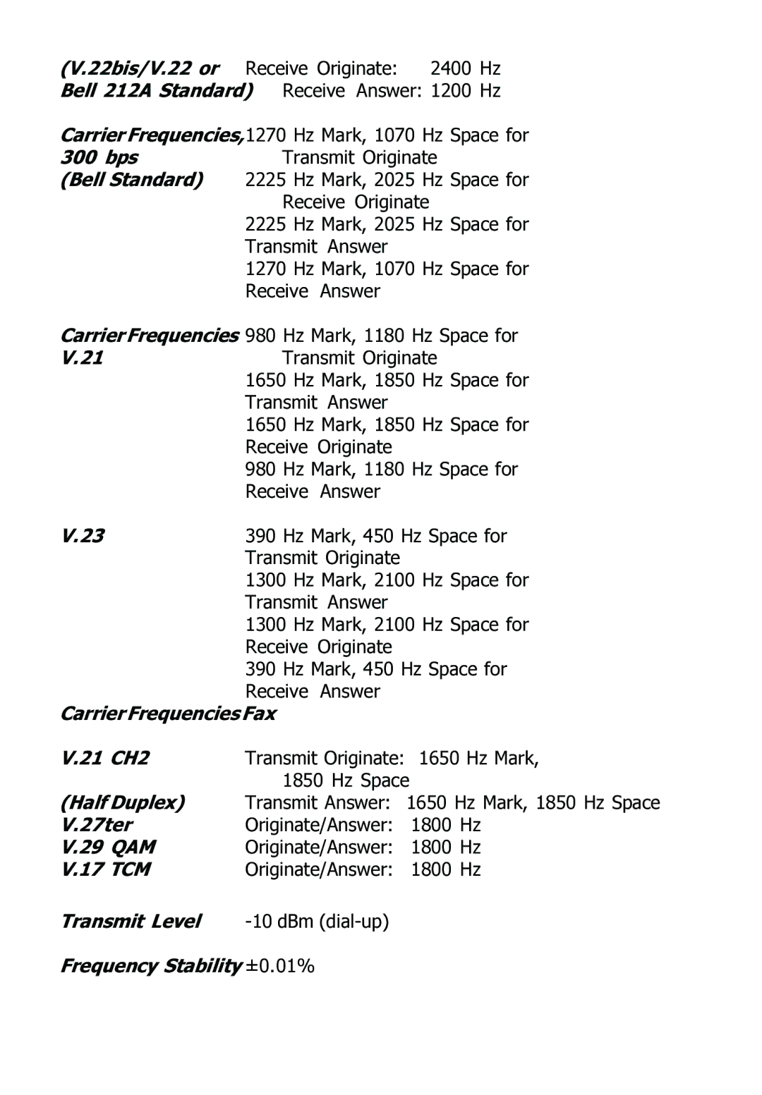 Multitech MT5600ZDX 22bis/V.22 or, 300 bps, Bell Standard, Carrier Frequencies Fax 21 CH2, Half Duplex, 27ter, 29 QAM 