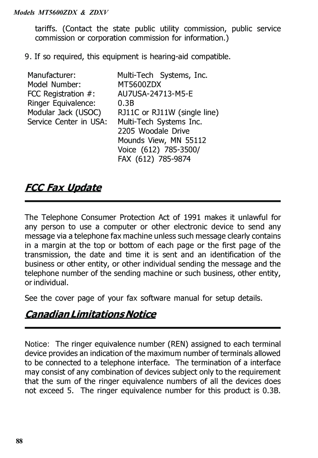 Multitech MT5600ZDXV manual FCC Fax Update, Canadian Limitations Notice 