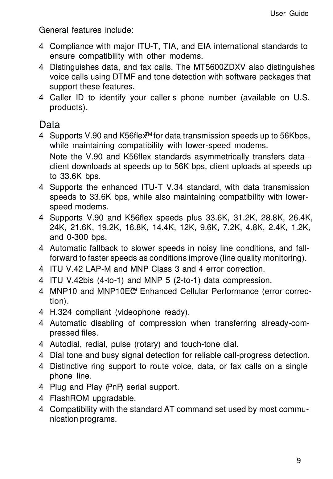 Multitech MT5600ZDXV manual Data 