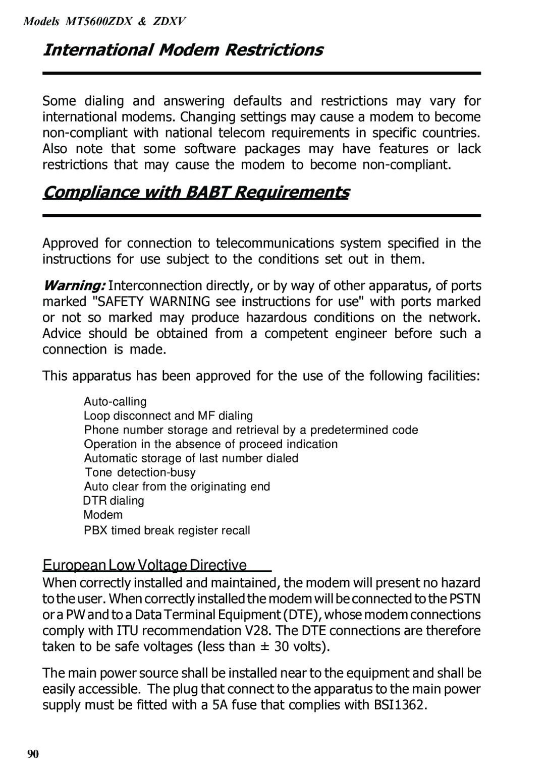 Multitech MT5600ZDXV manual International Modem Restrictions, Compliance with Babt Requirements 