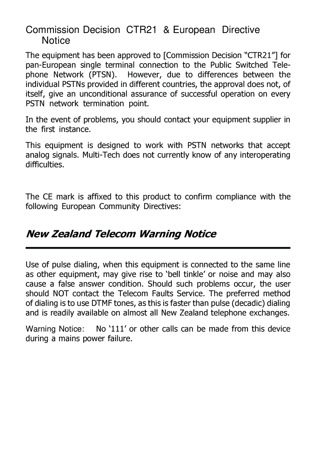 Multitech MT5600ZDXV manual Commission Decision CTR21 & European Directive Notice, New Zealand Telecom Warning Notice 