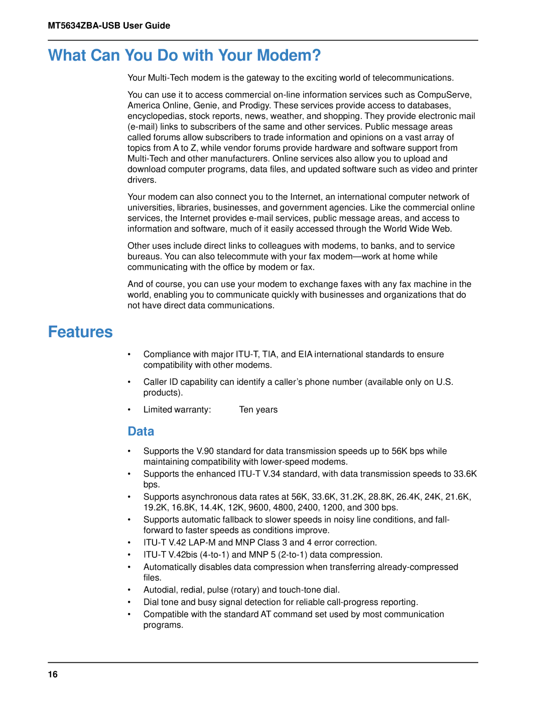 Multitech MT5634ZBA-USB manual What Can You Do with Your Modem?, Features, Data 