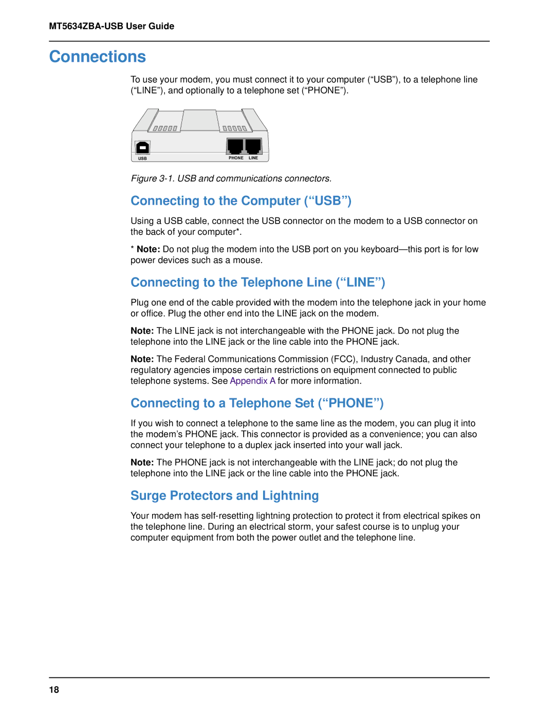 Multitech MT5634ZBA-USB manual Connections, Connecting to the Computer USB, Connecting to the Telephone Line Line 