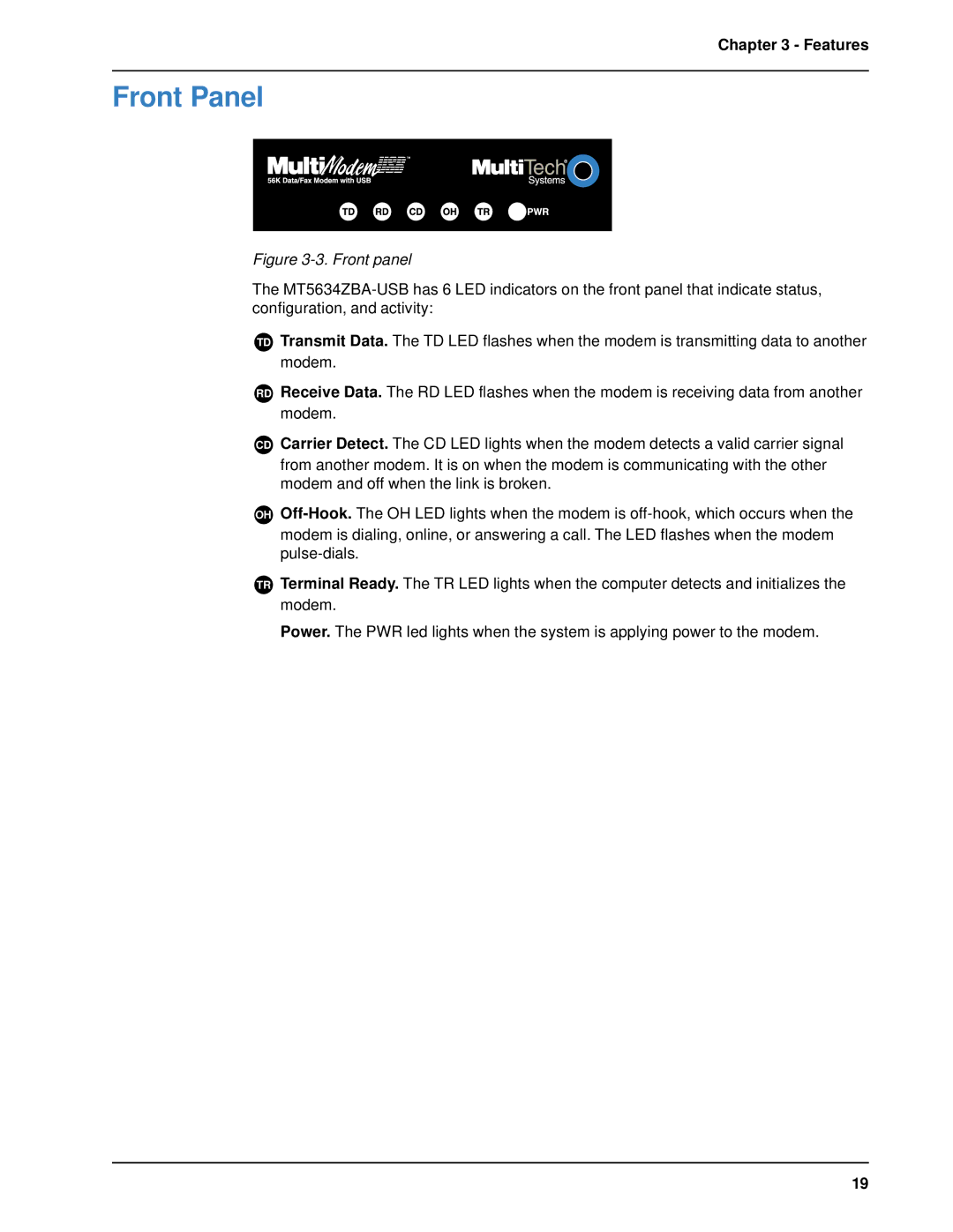 Multitech MT5634ZBA-USB manual Front Panel, Front panel 