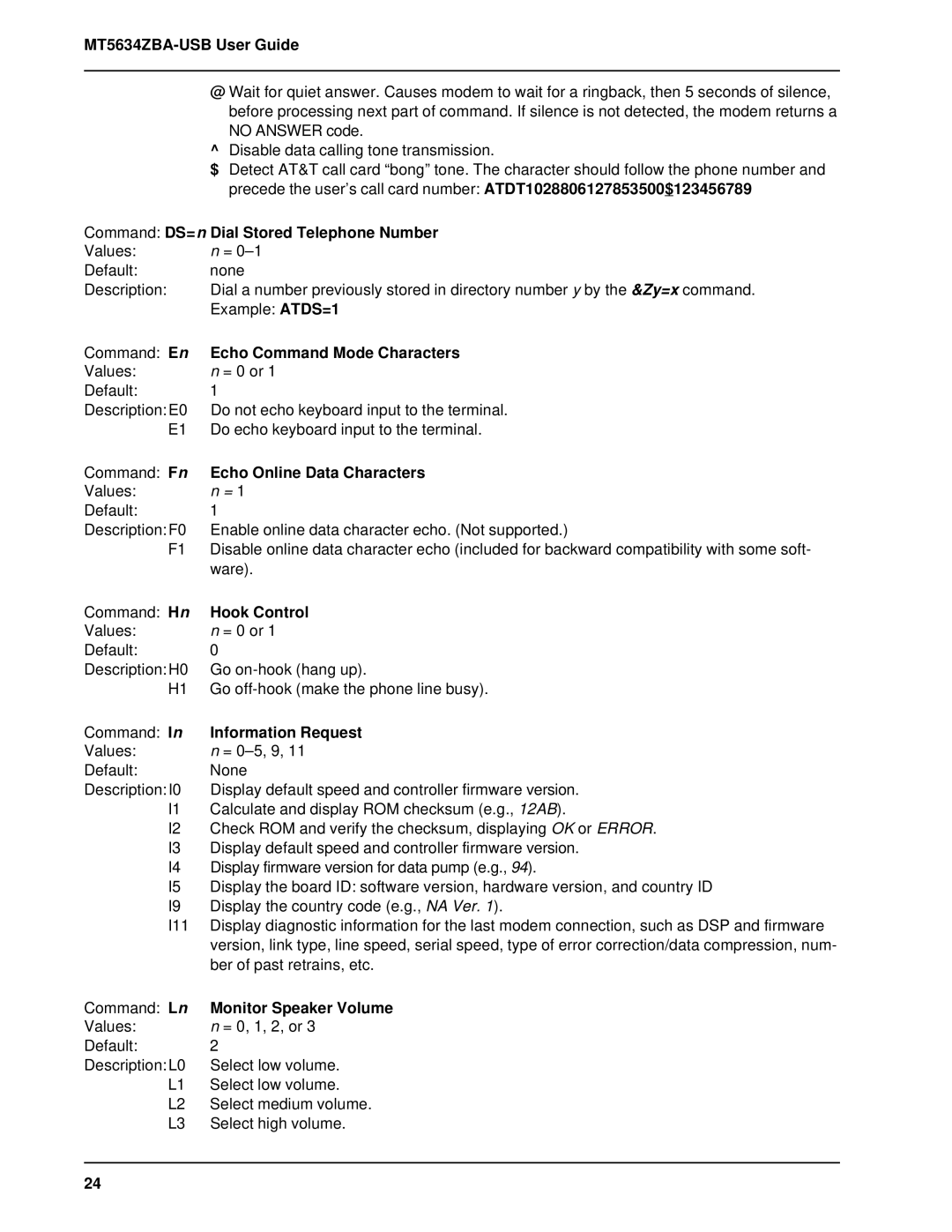 Multitech MT5634ZBA-USB manual Command DS=n Dial Stored Telephone Number, Echo Command Mode Characters, Hook Control 
