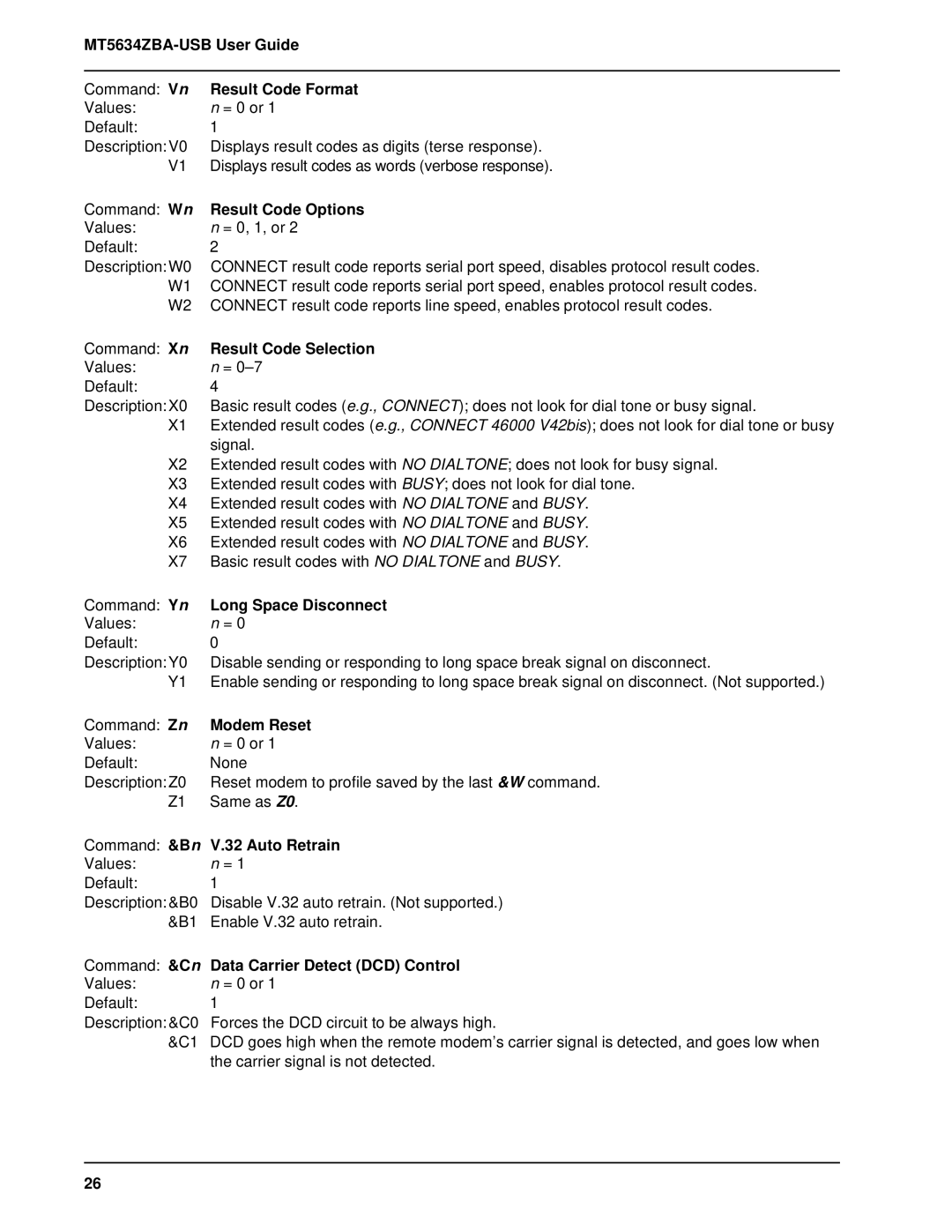 Multitech MT5634ZBA-USB User Guide Command Vn Result Code Format, Result Code Options, Command Xn Result Code Selection 