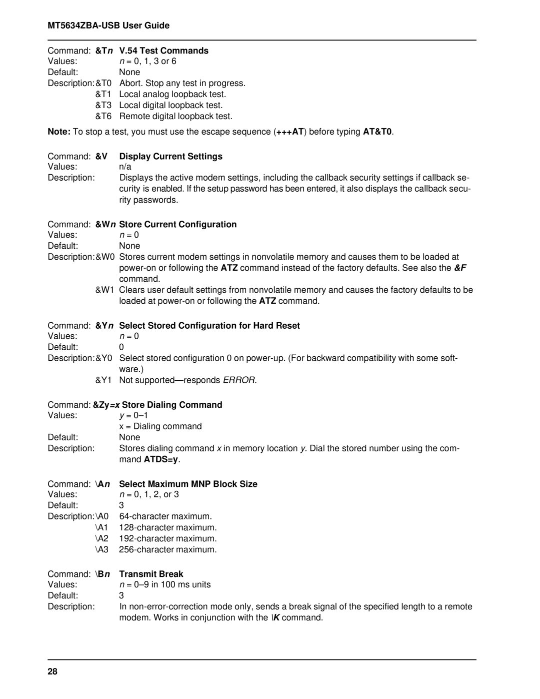 Multitech manual MT5634ZBA-USB User Guide Command &Tn V.54 Test Commands, Display Current Settings, Transmit Break 