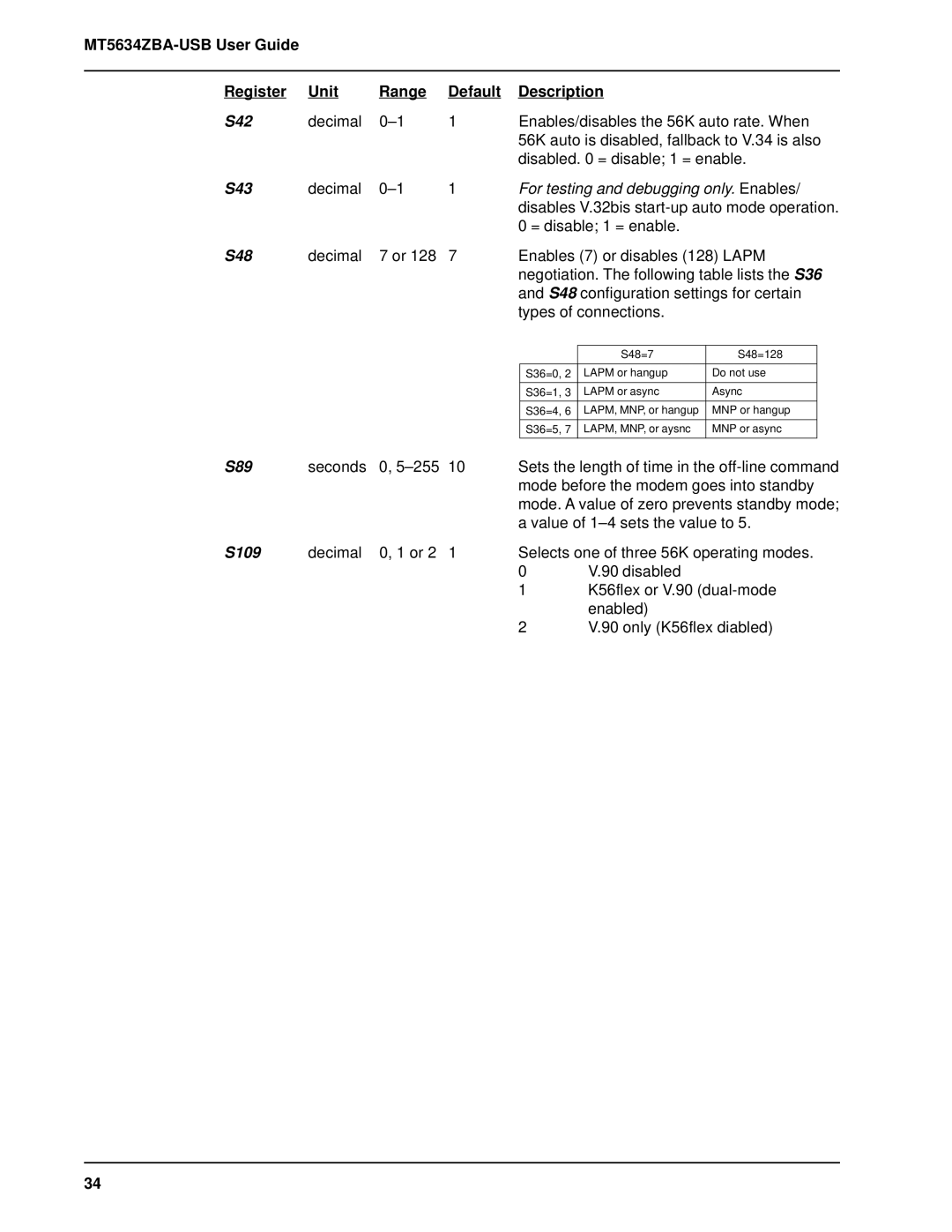 Multitech MT5634ZBA-USB manual S42, S43, S48, S89, S109 