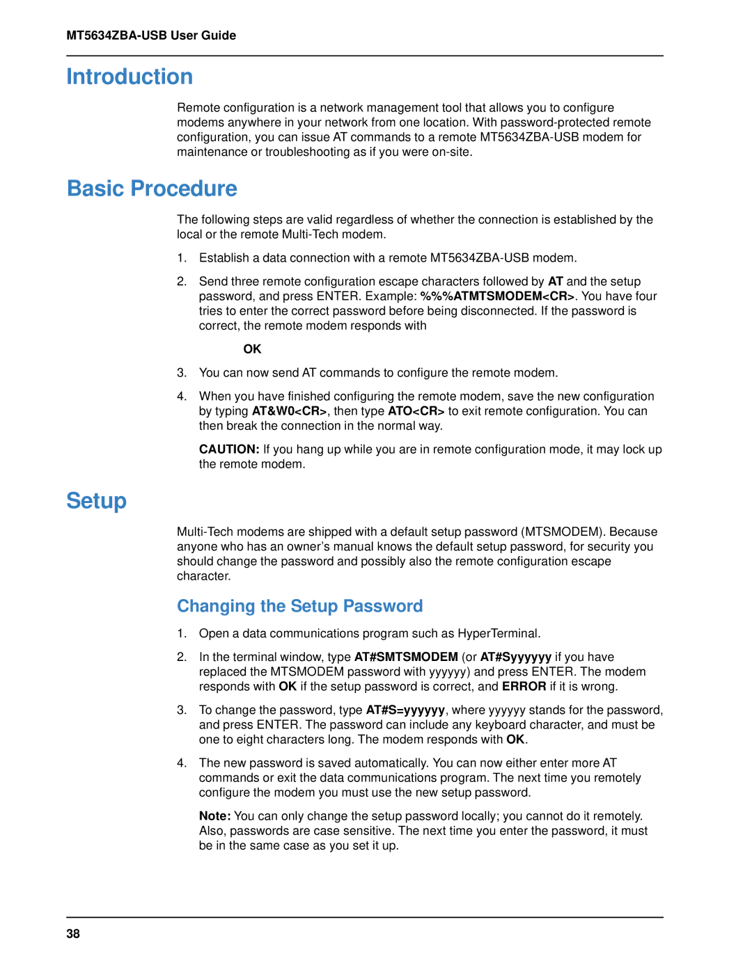 Multitech MT5634ZBA-USB manual Basic Procedure, Changing the Setup Password 