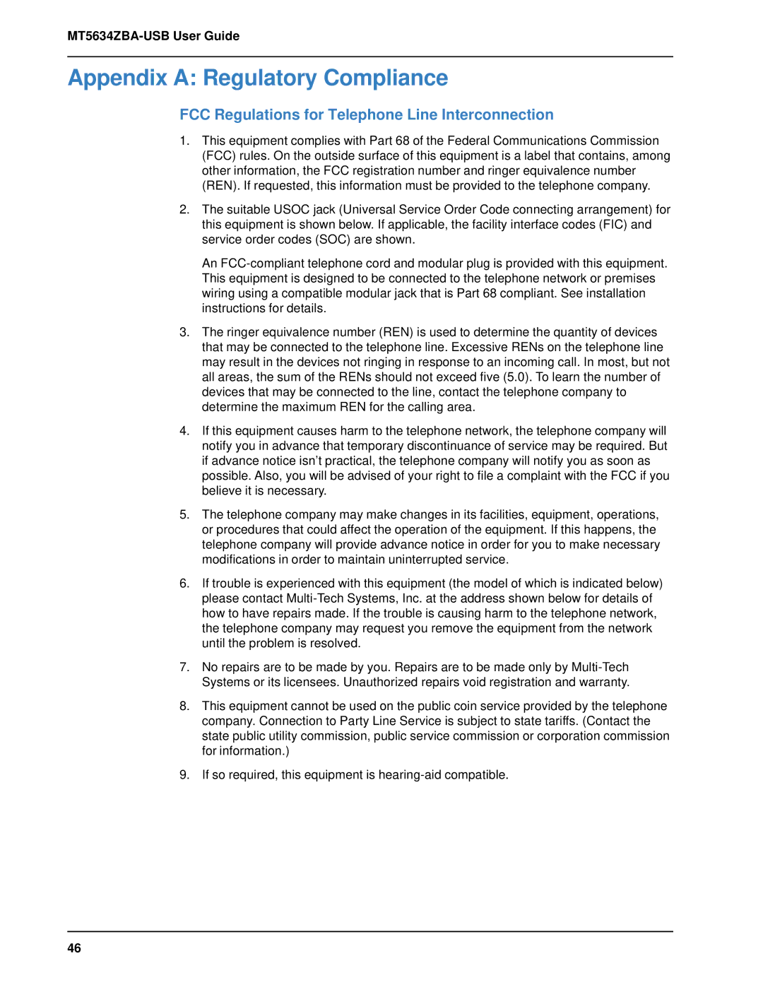 Multitech MT5634ZBA-USB manual Appendix a Regulatory Compliance, FCC Regulations for Telephone Line Interconnection 