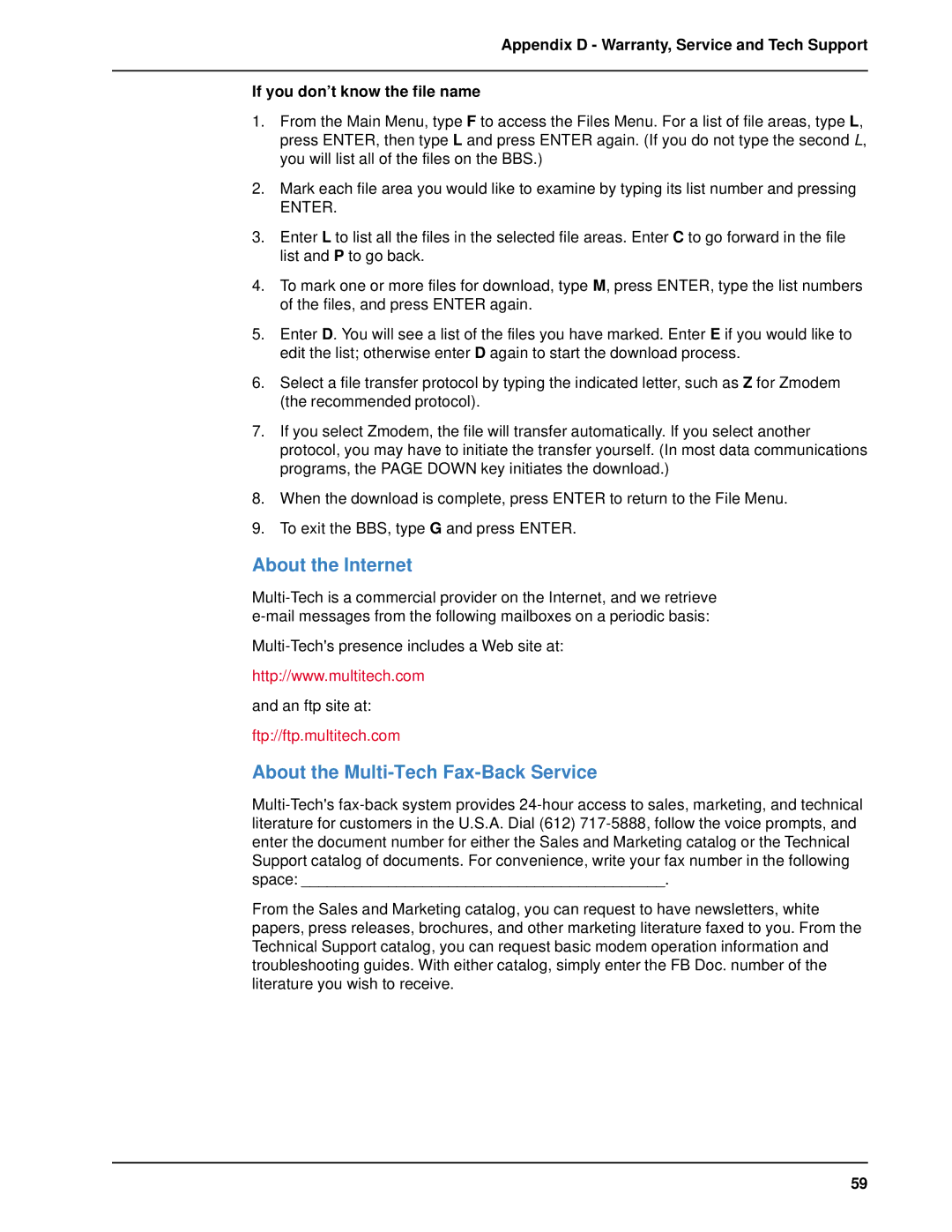 Multitech MT5634ZBA-USB manual About the Internet, About the Multi-Tech Fax-Back Service 