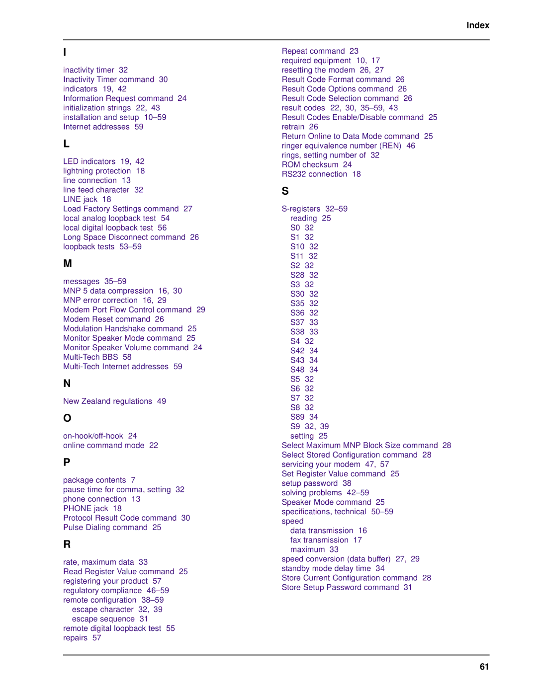 Multitech MT5634ZBA-USB manual Index 