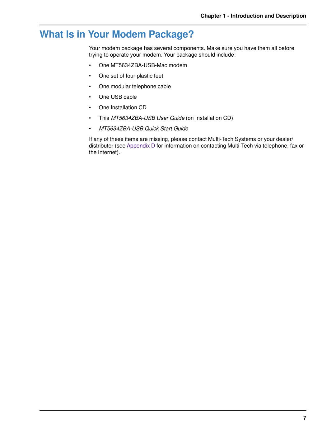 Multitech MT5634ZBA-USB manual What Is in Your Modem Package?, Introduction and Description 