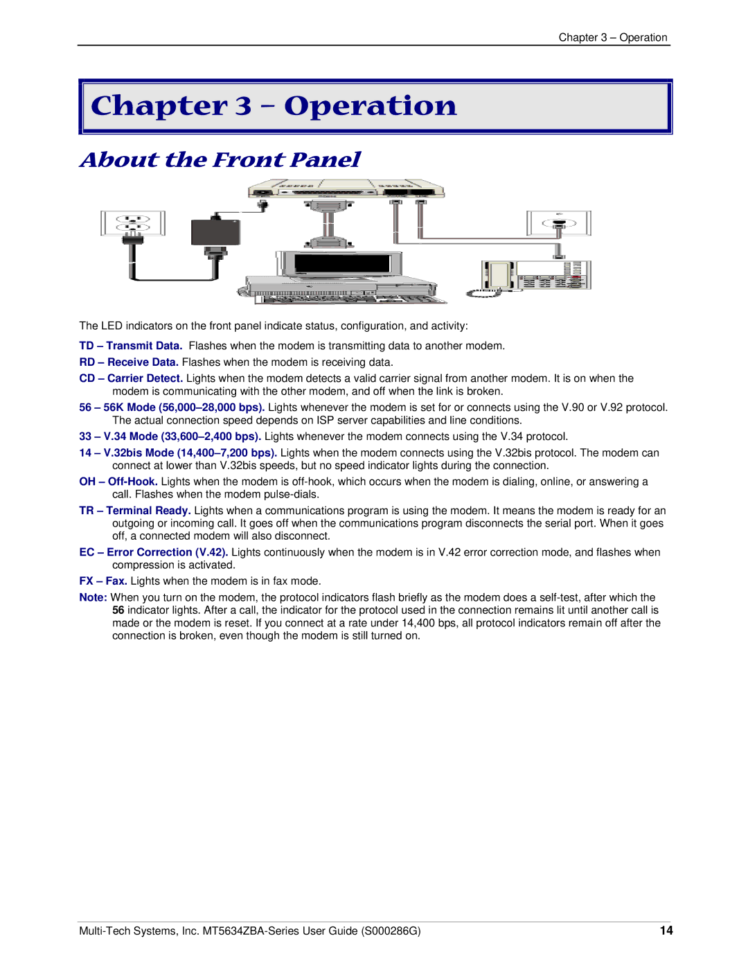 Multitech MT5634ZBA-SERIES, MT5634ZBA-V-V92, MT5634ZBA-GLOBAL manual Operation, About the Front Panel 