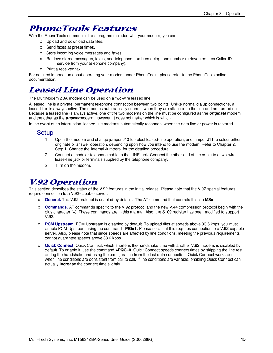 Multitech MT5634ZBA-V-V92, MT5634ZBA-GLOBAL, MT5634ZBA-SERIES manual Leased-Line Operation, Setup 