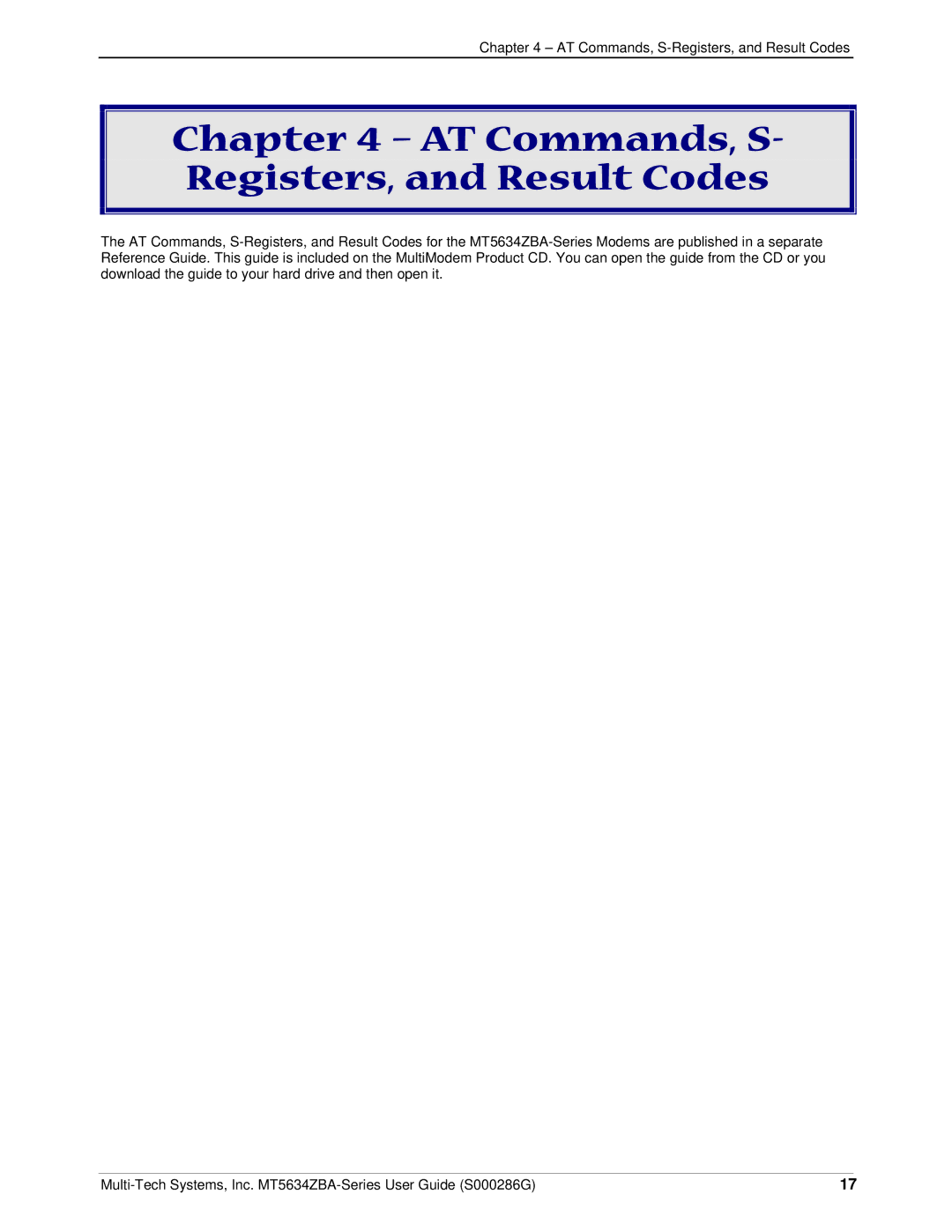 Multitech MT5634ZBA-GLOBAL, MT5634ZBA-V-V92, MT5634ZBA-SERIES manual AT Commands, S- Registers, and Result Codes 