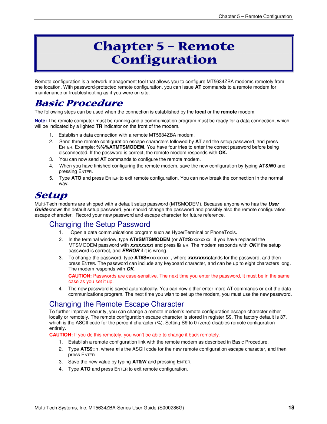 Multitech MT5634ZBA-SERIES, MT5634ZBA-V-V92 manual Remote Configuration, Basic Procedure, Changing the Setup Password 