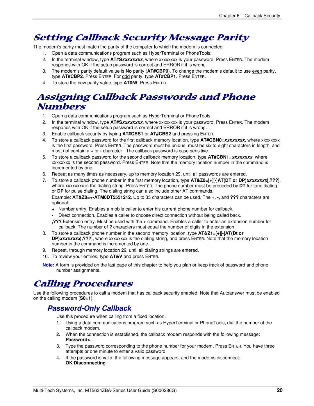 Multitech MT5634ZBA-V-V92 manual Setting Callback Security Message Parity, Assigning Callback Passwords and Phone Numbers 