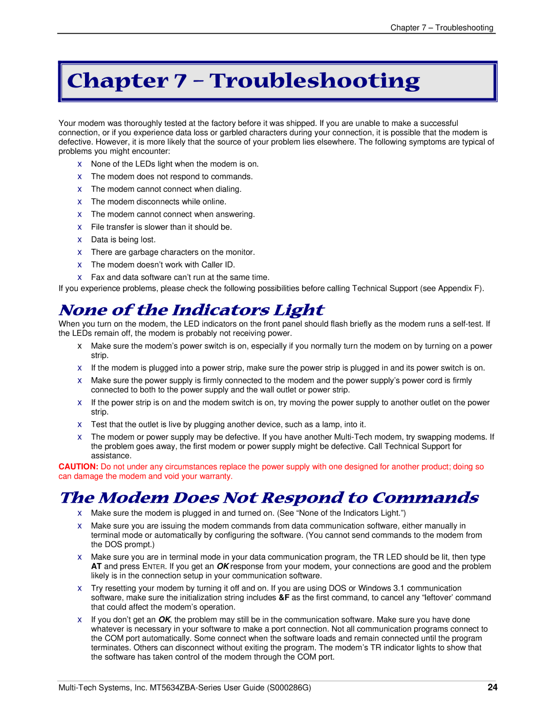 Multitech MT5634ZBA-V-V92 manual Troubleshooting, None of the Indicators Light, Modem Does Not Respond to Commands 