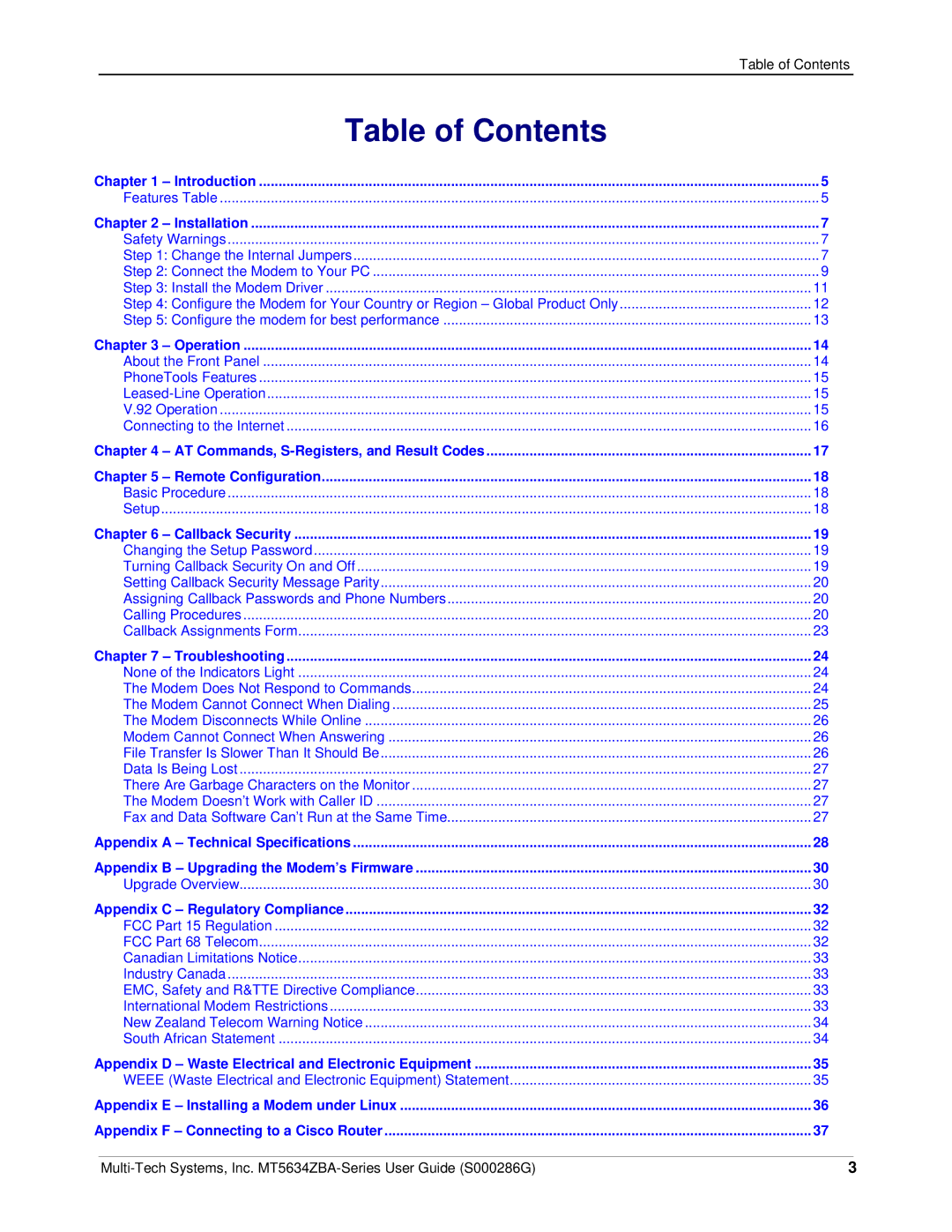 Multitech MT5634ZBA-V-V92, MT5634ZBA-GLOBAL, MT5634ZBA-SERIES manual Table of Contents 