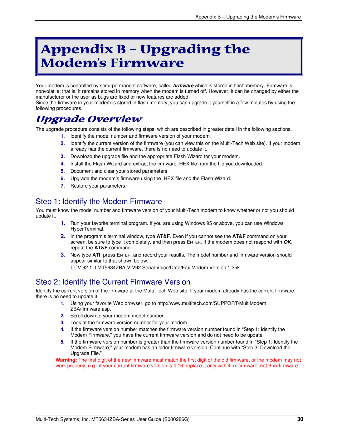 Multitech MT5634ZBA-SERIES manual Appendix B Upgrading the Modem’s Firmware, Upgrade Overview, Identify the Modem Firmware 