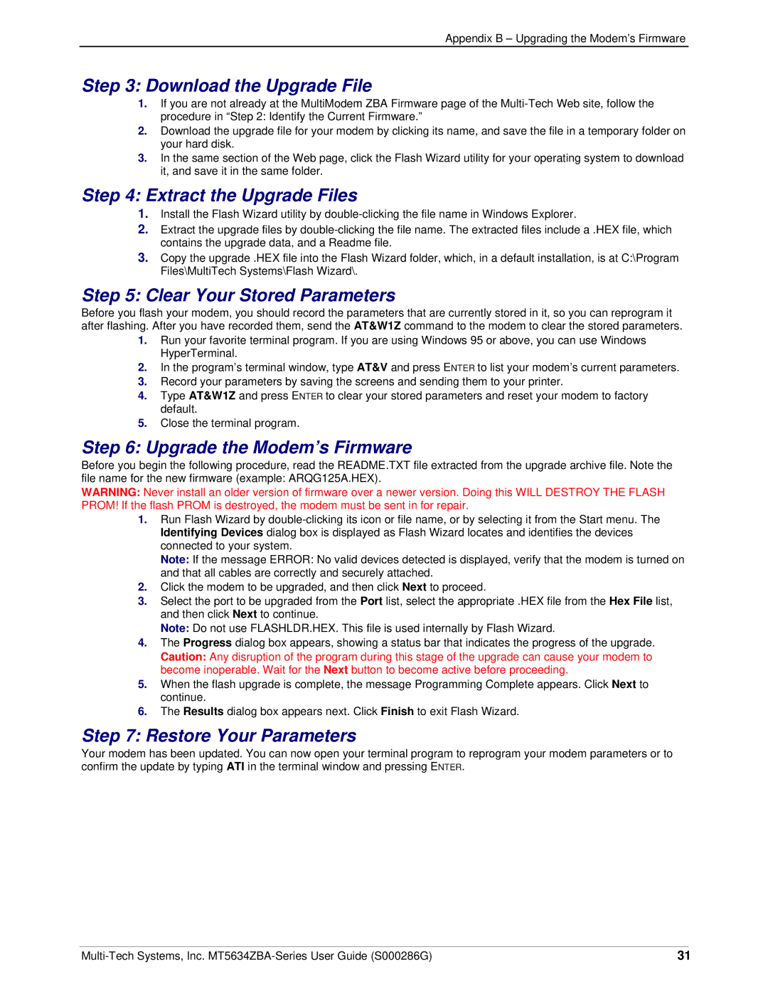 Multitech MT5634ZBA-V-V92 manual Download the Upgrade File, Extract the Upgrade Files, Clear Your Stored Parameters 
