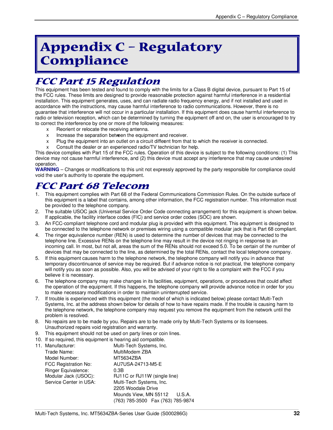 Multitech MT5634ZBA-V-V92, MT5634ZBA-GLOBAL Appendix C Regulatory Compliance, FCC Part 15 Regulation, FCC Part 68 Telecom 