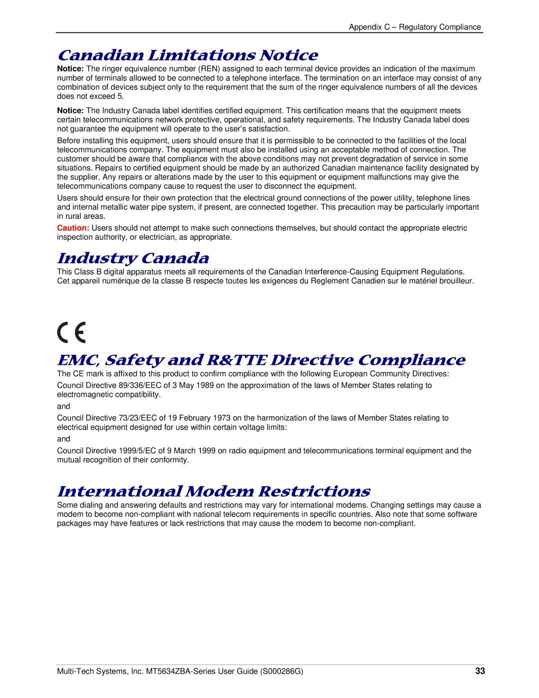 Multitech MT5634ZBA-GLOBAL manual Canadian Limitations Notice, Industry Canada, EMC, Safety and R&TTE Directive Compliance 