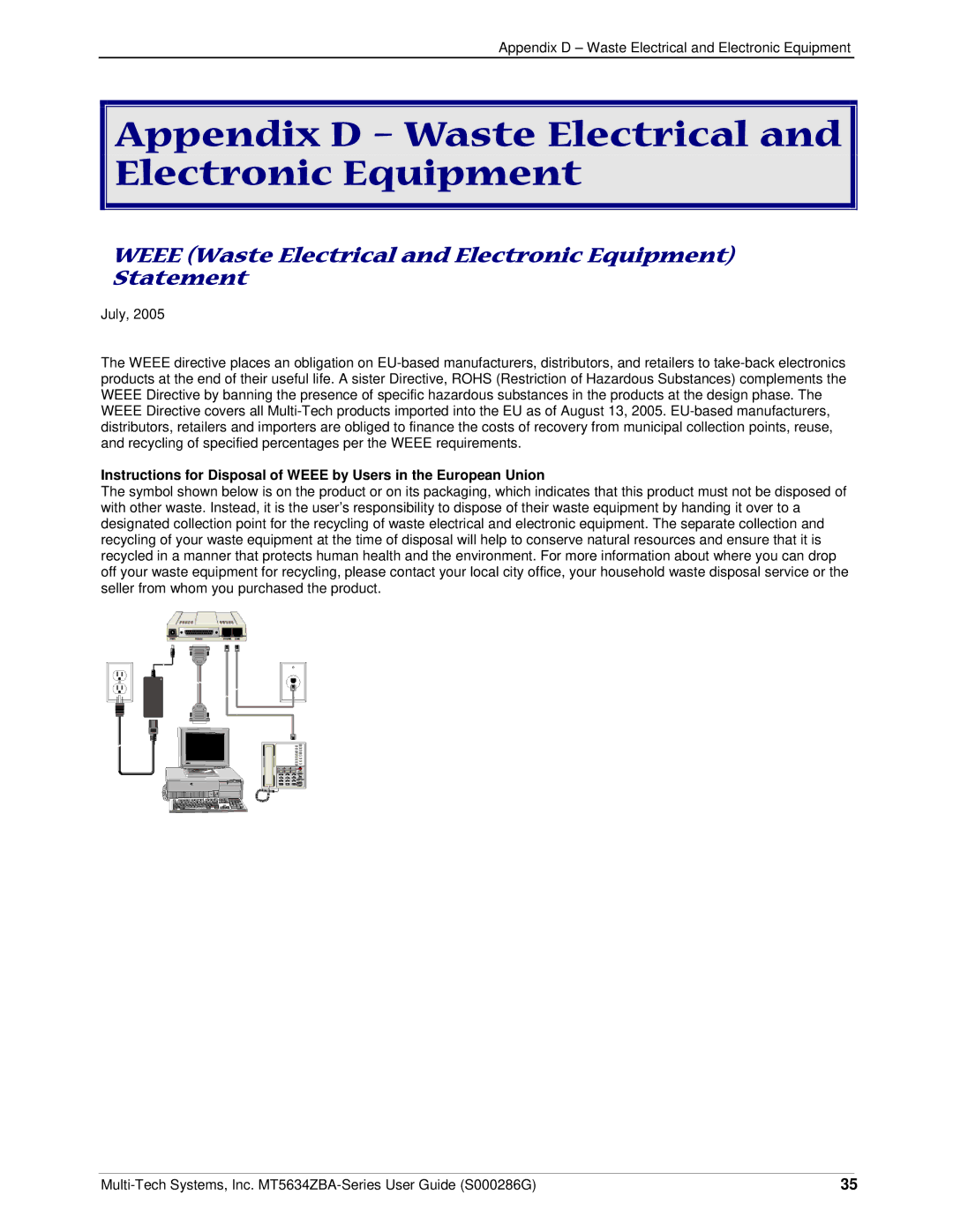 Multitech MT5634ZBA-V-V92, MT5634ZBA-GLOBAL, MT5634ZBA-SERIES manual Appendix D Waste Electrical and Electronic Equipment 