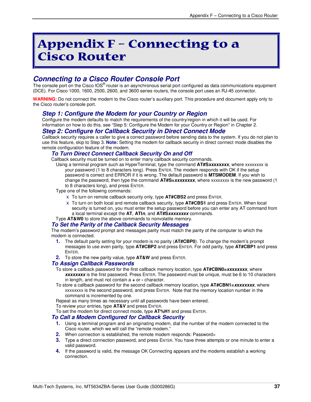 Multitech MT5634ZBA-GLOBAL manual Appendix F Connecting to a Cisco Router, Connecting to a Cisco Router Console Port 