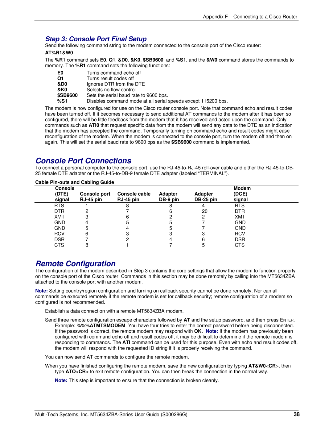 Multitech MT5634ZBA-SERIES, MT5634ZBA-V-V92, MT5634ZBA-GLOBAL manual Console Port Connections, Remote Configuration 