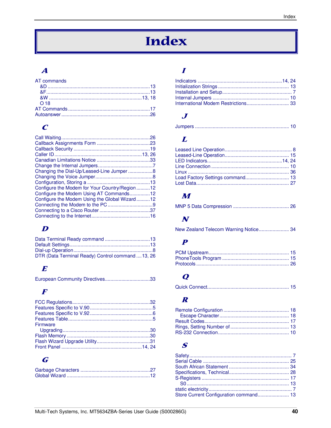 Multitech MT5634ZBA-V-V92, MT5634ZBA-GLOBAL, MT5634ZBA-SERIES manual Index, Caller ID 