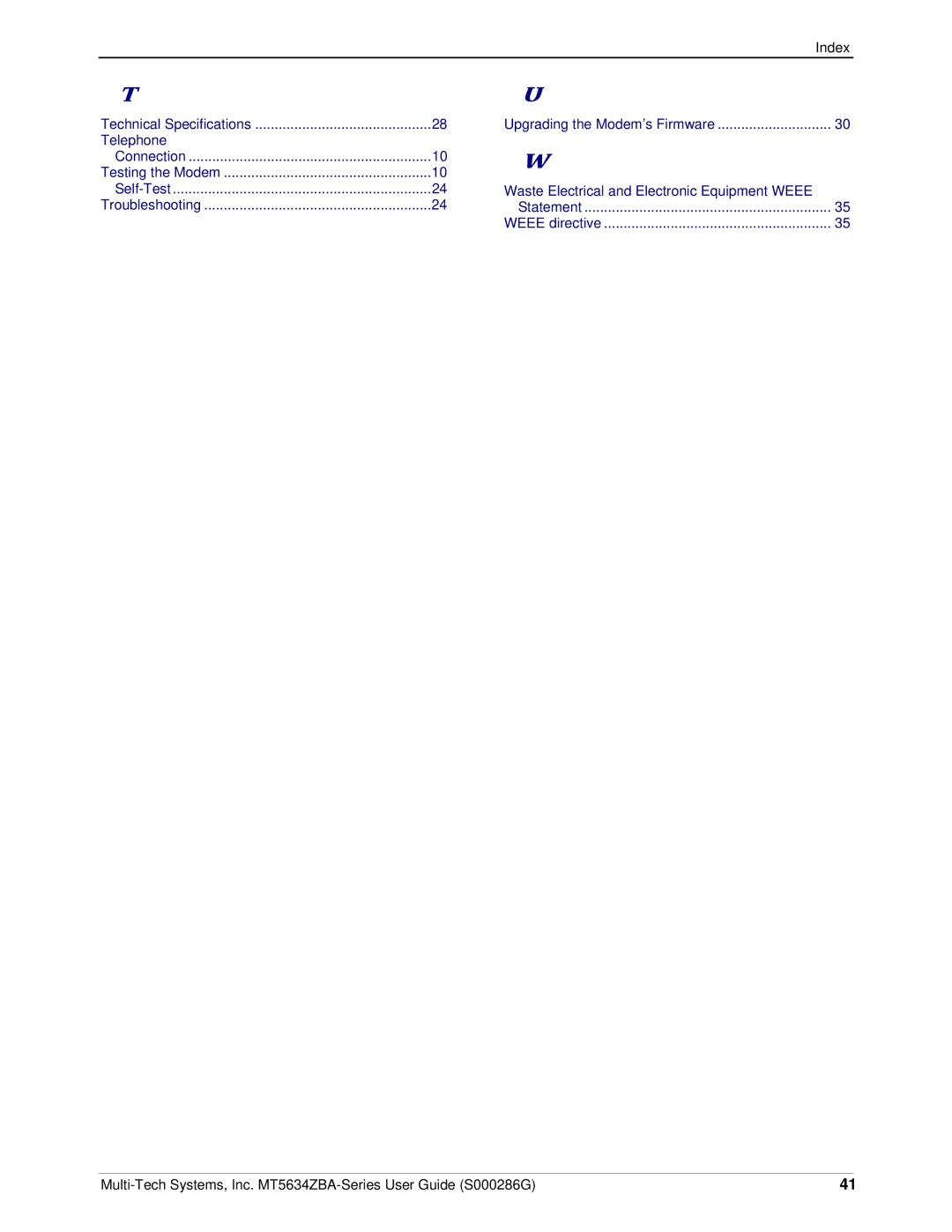 Multitech MT5634ZBA-GLOBAL, MT5634ZBA-V-V92, MT5634ZBA-SERIES manual Index 